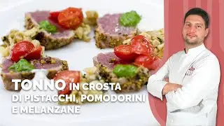 Tonno in crosta di pistacchi, pomodorini e malanzane