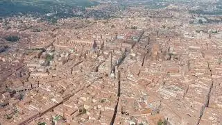 Bologna, Italy. Old Town. Two Towers. (Le due Torri) Garisenda and degli Asinelli. Towers from th...