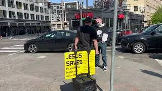 Young man QUESTIONS the preacher! Portland Oregon street preaching!