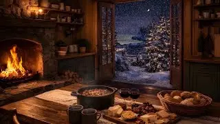 Seaside Cottage on a Winter Night | Cozy Fireplace, Ocean, Snow Ambience | Sleep, Study, Relax, Read