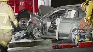 Long Beach, CA: 2 Extricated From Vehicle After Crashing Into Traffic Pole