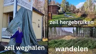 Zeil weghalen en hergebruiken. Keukenkastje herinrichten. Wandelen.