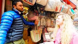 Buying traditional Nepali hemp bag in Kathmandu