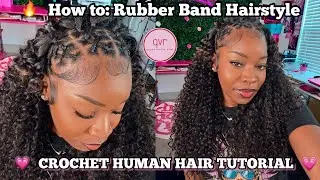 How To: Rubber Band Hairstyle with Deep Wave Crochet Human Hair TUTORIAL*EXTREMELY EASY*| QVR HAIR 💗