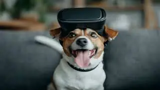 Dog wearing virtual reality headset enjoys playful experience at home during afternoon