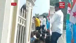 NSUI representatives protest at Savitribai Phule Pune University to demand a change in timetable