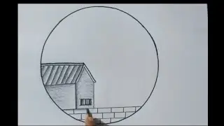 Beautiful Village Sunset Drawing Inside a Circle