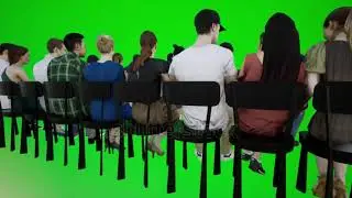 3D animation of the back view of people sitting on a chair watching a historical film in a chroma