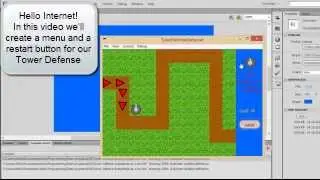 How to make a TOWER DEFENSE GAME in flash (AS3) part 6 (Menu and Restart button)