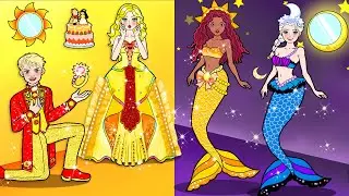 👑 Paper Dolls Dress Up ️🎉 Mermaid Wedding Under the Sun and Moon 🎭💐🌈 DIY Handmade Outfits