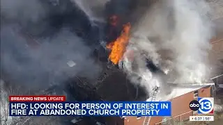 SkyEye shows heavy smoke as crews battle church fire near the North Freeway, HFD says