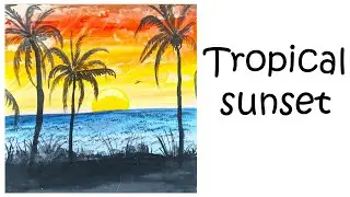 Tropical Sunset At Beach Easy Simple Canvas Painting Best Tutorials / Kids Beginners Painting Lovers
