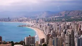 Aerial view of morning in Benidorm city HD Spain