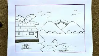 Draw a Village scenery || Prakritik drishyo drawing || House with scenery drawing easily || Scenery