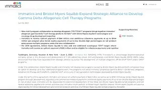 Immatics and BMS Expand Strategic Alliance to Develop Gamma Delta Allogeneic Cell Therapy Programs