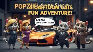 🚗🐱 4 Cute Cartoon Cats Fun Adventure in PopZiki Cofe Shop | Lamborghini Driving & Coffee Story.