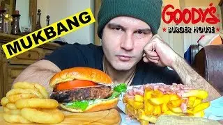 EXTREME GOLDEN BURGER ΜΕ ΠΑΤΑΤΕΣ COUNTRY STYLE (CHEDDAR ΣΩΣ ΚΑΙ ΜΠΕΙΚΟΝ) ΚΑΙ ONION RINGS MUKBANG