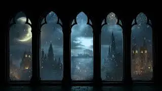 Hogwarts Snowy Castle Window Night | Relaxing Winter Ambience & Gentle Wind Sounds for Focus & Study