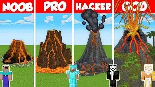 VOLCANO BASE HOUSE BUILD CHALLENGE - Minecraft Battle: NOOB vs PRO vs HACKER vs GOD / Animation