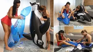 Nicky and Jade inflate two whales with their mouths, then destroy them