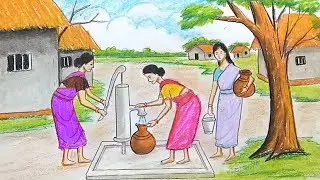 Rural life drawing.How to Draw a Scenery of Taking Water From Tube Well..,Step by Step Learn