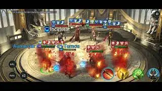 Raid Shadow Legends - Batalha de arena. He-man, Embrys, Mikage, Niamhe.
