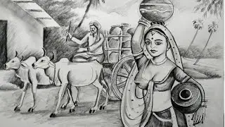 how to draw easy pencil sketch scenery,how to draw village girl,how to draw village life scenery,
