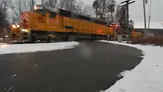 ITHACA CENTRAL RR ITHR101 NORTHBOUND TRAIN IN SPENCER NY ON ACADEMY ST CROSSING IN A PRETTY SUNSET