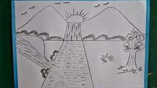 How to draw nature scenery of mountain, sunset and waterfall #scenery drawing @DrawingExercise575 