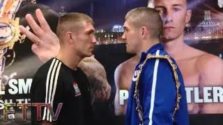 long intense stare down Liam smith and Mark Thompson Derry Matthews Stephen Ormond Photo opportunity