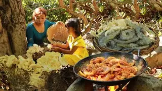 Found pick mushroom for food- Cooking shrimp spicy chili with mushroom for lunch in forest