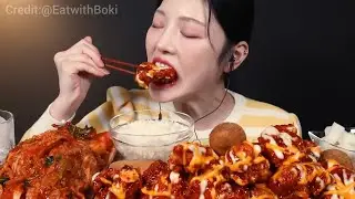 Mukbang fried chicken & kimchi with spicy cheese sauce big bites asmr compilation voll 14