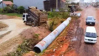 Starting A New Project Filling Drain System!! Bulldozer Komatsu D20p Pushing Soil Delete Drain Pips.