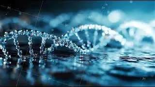 DNA molecule spinning under the water surface reflection shimmering crystal blue color abstract
