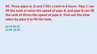 94. Three pipes A, B and C fills a tank in 4 hours. Pipe C can fill the tank at twice  || edu214