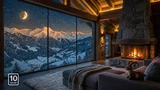 ❄️ Alpine Falling Snow 4K | Snowy Mountain Night View & Fireplace (No Music)