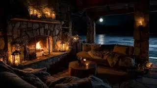 Winter Night Fireplace & Moonlight Lake 🌙🔥 | Brown Noise + Owls | 8H Sleep in 4K