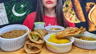 PAKISTANI BREAKFAST | MUKBANG ASMR FOOD | TAWA KEEMA, HALWA PURI, ALOO PARATHA, OMELETTE ROLL