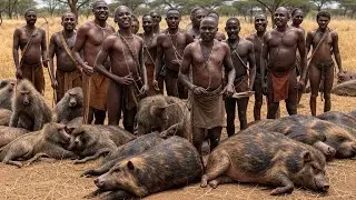Hadza Family SUCCESSFUL HUNT: Caught Large Baboons & Wild Pigs  (4K!)