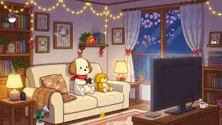 Cozy Spring Night Gaming 🎮 Lofi Puppy Hip Hop Beats to Chill 🌸 Warm Sakura Bedroom Atmosphere