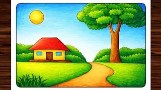 How to Draw Village Scenary Drawing / Scenery Drawing Easy Step by Step / House Drawing