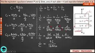 Find the equivalent capacitance between P and Q. Given, area of each plate = A and separation betwe