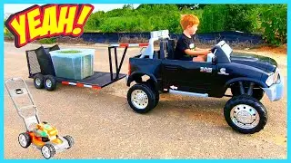 Towing Cut Grass with Power Wheels Ride On Truck and Gooseneck Trailer