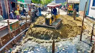 Start Opening New Project!!Bulldozer KOMAT'SU D20P pushing Soil into Dirty water&Trucks​ 5Ton.