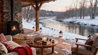 Soothing Winter River Cabin | Relaxing Piano Music & Fireplace Crackling for Sleep, Study, Relax