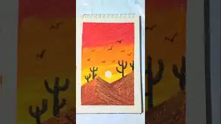 Desert Sunset Drawing with Oil Pastel 🌵🌅 | Easy Scenery Art #shorts #art