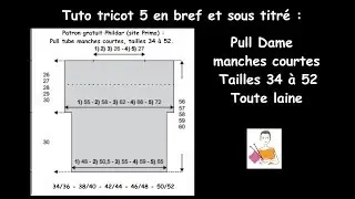 Tuto tricot 5 en bref et sous titr&eacute; : pull manches courtes, tailles 34 &agrave; 52, toute laine