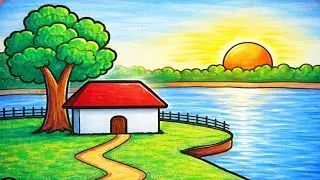 Easy village drawing tutorial step by step | Easy colorful nature draw