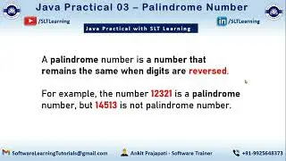Java Practical 03 - Palindrome Number by SLT Learning