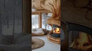 Warm cabin corner with soft seating and unique wood architecture.